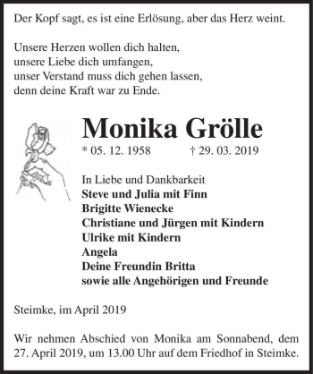 Traueranzeige von Monika Grölle  von Magdeburger Volksstimme