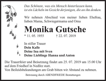 Traueranzeige von Monika Gutsche  von Magdeburger Volksstimme