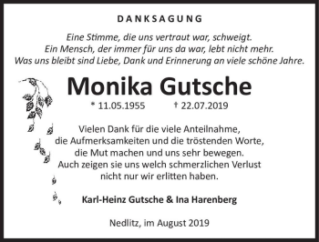Traueranzeige von Monika Gutsche  von Magdeburger Volksstimme