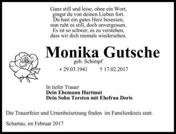 Traueranzeige von Monika Gutsche (geb. Schimpf)  von Magdeburger Volksstimme