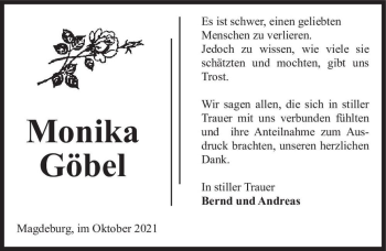 Traueranzeige von Monika Göbel  von Magdeburger Volksstimme