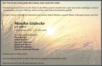 Traueranzeige von Monika Gödecke (geb. Siebert)  von Magdeburger Volksstimme