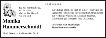 Traueranzeige von Monika Hammerschmidt  von Magdeburger Volksstimme