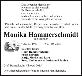 Traueranzeige von Monika Hammerschmidt (geb. Barthen)  von Magdeburger Volksstimme