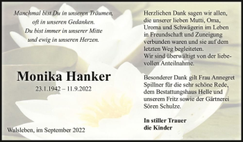 Traueranzeige von Monika Hanker  von Magdeburger Volksstimme