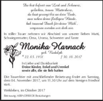 Traueranzeige von Monika Harnack (geb. Rudolph)  von Magdeburger Volksstimme