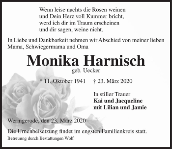 Traueranzeige von Monika Harnisch (geb. Uecker)  von Magdeburger Volksstimme