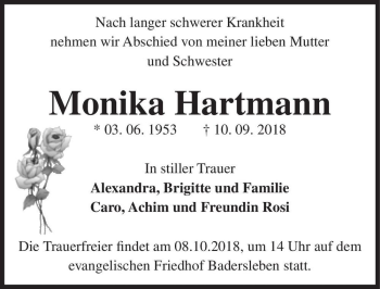 Traueranzeige von Monika Hartmann  von Magdeburger Volksstimme