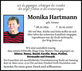Traueranzeige von Monika Hartmann (geb. Förster)  von Magdeburger Volksstimme