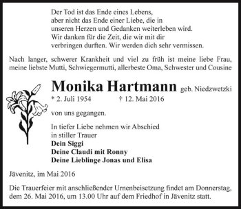 Traueranzeige von Monika Hartmann (geb. Niedzwetzki)  von Magdeburger Volksstimme