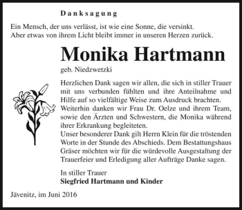 Traueranzeige von Monika Hartmann (geb. Niedzwetzki)  von Magdeburger Volksstimme