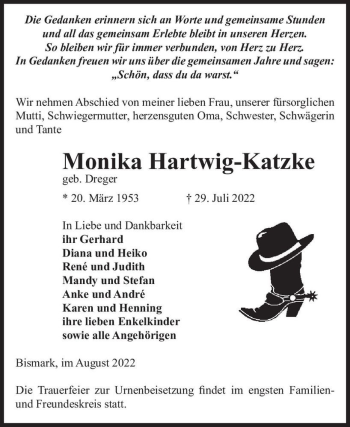 Traueranzeige von Monika Hartwig-Katzke (geb. Dreger)  von Magdeburger Volksstimme