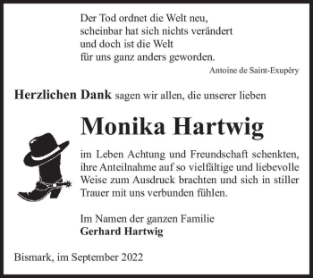Traueranzeige von Monika Hartwig  von Magdeburger Volksstimme