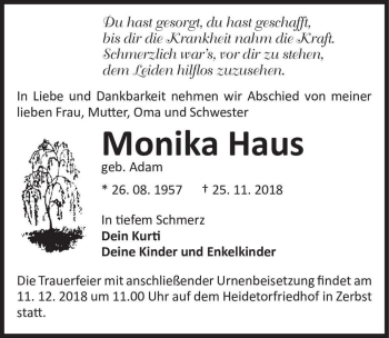Traueranzeige von Monika Haus (geb. Adam)  von Magdeburger Volksstimme
