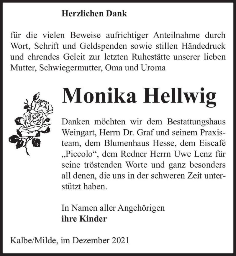  Traueranzeige für Monika Hellwig  vom 22.12.2021 aus Magdeburger Volksstimme