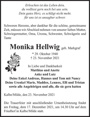 Traueranzeige von Monika Hellwig (geb. Markgraf)  von Magdeburger Volksstimme