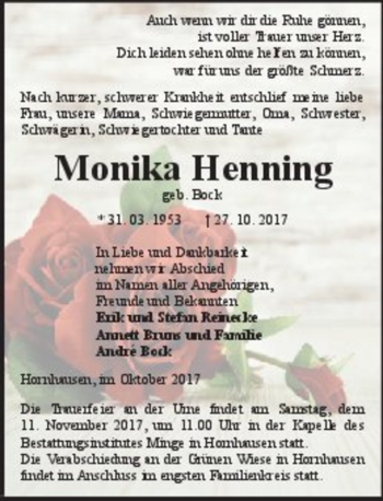 Traueranzeige von Monika Henning (geb. Bock)  von Magdeburger Volksstimme