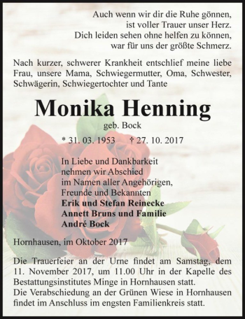 Traueranzeige von Monika Henning (geb. Bock)  von Magdeburger Volksstimme