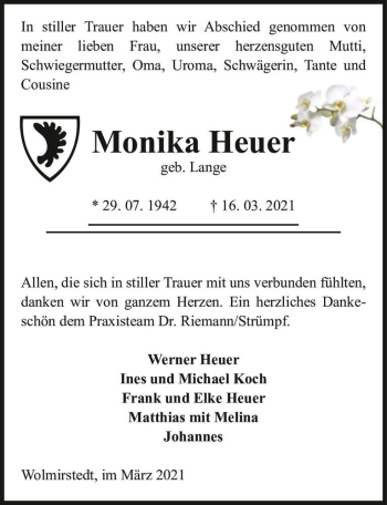Traueranzeige von Monika Heuer (geb. Lange)  von Magdeburger Volksstimme