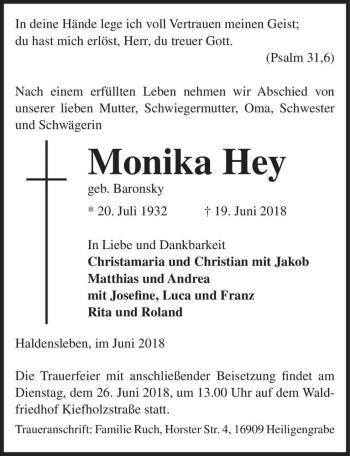 Traueranzeige von Monika Hey (geb. Baronsky)  von Magdeburger Volksstimme