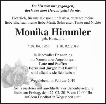 Traueranzeige von Monika Himmler (geb. Hauschild)  von Magdeburger Volksstimme