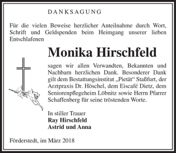Traueranzeige von Monika Hirschfeld  von Magdeburger Volksstimme