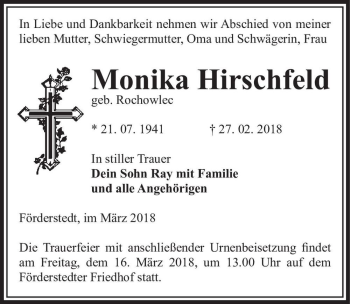 Traueranzeige von Monika Hirschfeld (geb. Rochowlec)  von Magdeburger Volksstimme