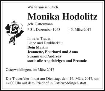 Traueranzeige von Monika Hodolitz (geb. Gattermann)  von Magdeburger Volksstimme