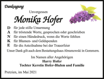 Traueranzeige von Monika Hofer  von Magdeburger Volksstimme