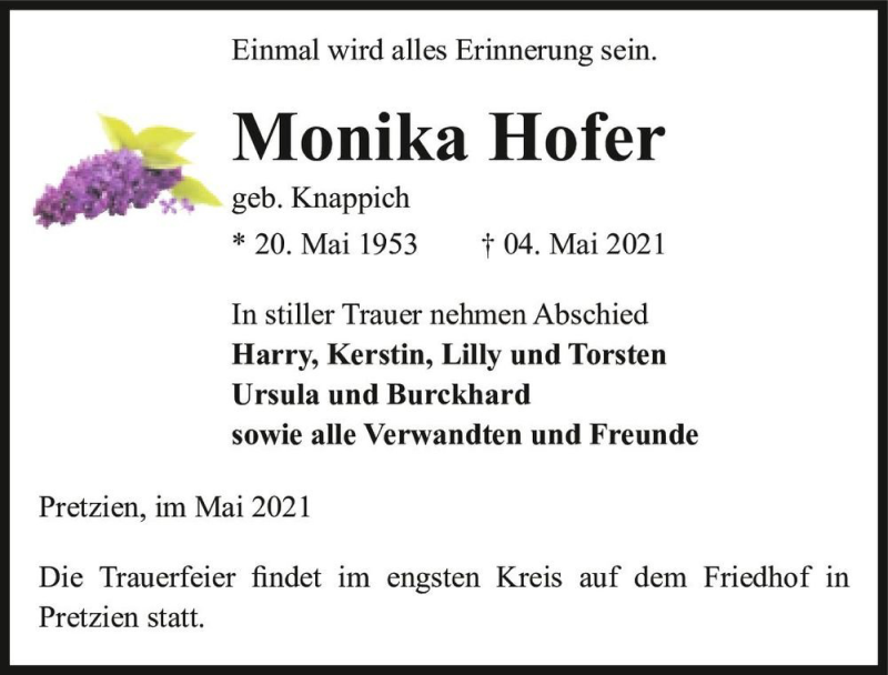  Traueranzeige für Monika Hofer (geb. Knappich)  vom 15.05.2021 aus Magdeburger Volksstimme