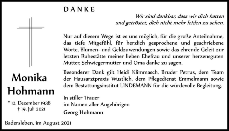  Traueranzeige für Monika Hohmann  vom 14.08.2021 aus Magdeburger Volksstimme