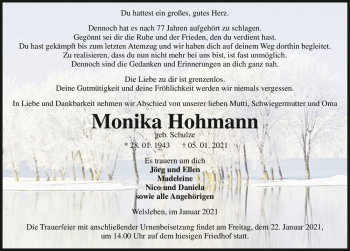 Traueranzeige von Monika Hohmann (geb. Schulze)  von Magdeburger Volksstimme