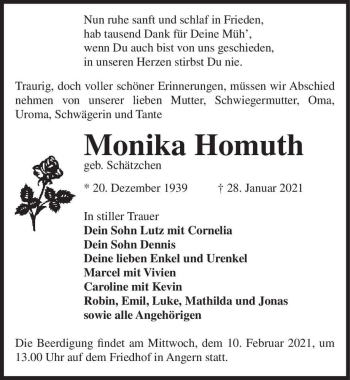 Traueranzeige von Monika Homuth (geb. Schätzchen)  von Magdeburger Volksstimme