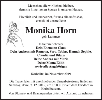 Traueranzeige von Monika Horn (geb. Lammert)  von Magdeburger Volksstimme