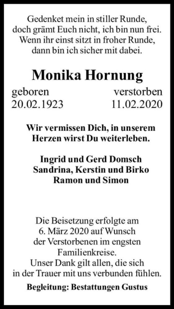 Traueranzeige von Monika Hornung  von Magdeburger Volksstimme