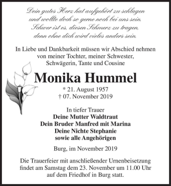Traueranzeige von Monika Hummel  von Magdeburger Volksstimme