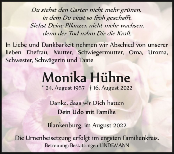 Traueranzeige von Monika Hühne  von Magdeburger Volksstimme