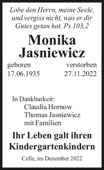 Traueranzeige von Monika Jasniewicz  von Magdeburger Volksstimme