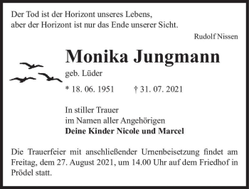 Traueranzeige von Monika Jungmann (geb. Lüder)  von Magdeburger Volksstimme