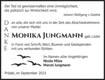 Traueranzeige von Monika Jungmann (geb. Lüder)  von Magdeburger Volksstimme