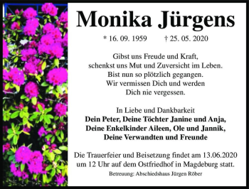 Traueranzeige von Monika Jürgens  von Magdeburger Volksstimme
