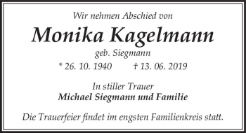 Traueranzeige von Monika Kagelmann (geb.Siegmann)  von Magdeburger Volksstimme
