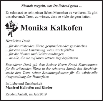 Traueranzeige von Monika Kalkofen  von Magdeburger Volksstimme