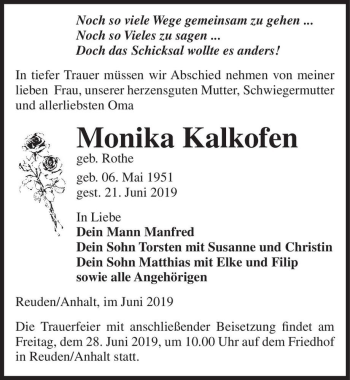 Traueranzeige von Monika Kalkofen (geb. Rothe)  von Magdeburger Volksstimme