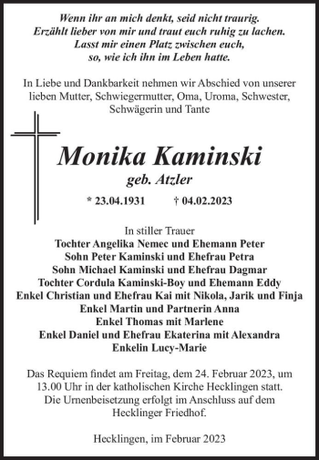 Traueranzeige von Monika Kaminski (geb. Atzler)  von Magdeburger Volksstimme