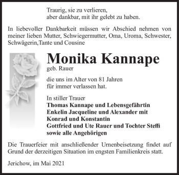 Traueranzeige von Monika Kannape (geb. Rauer)  von Magdeburger Volksstimme