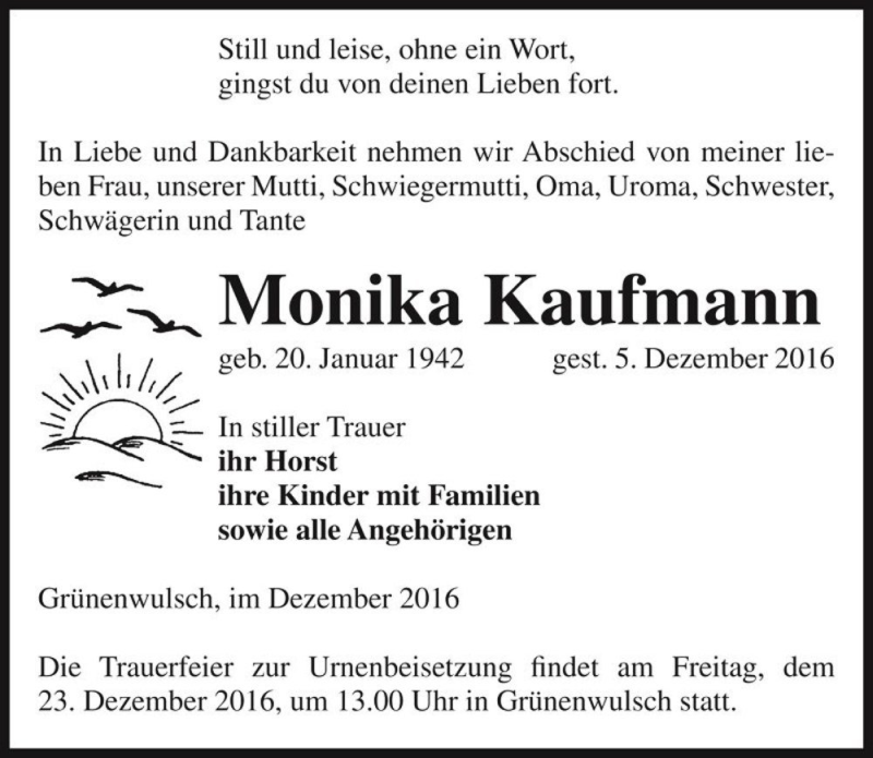  Traueranzeige für Monika Kaufmann  vom 16.12.2016 aus Magdeburger Volksstimme