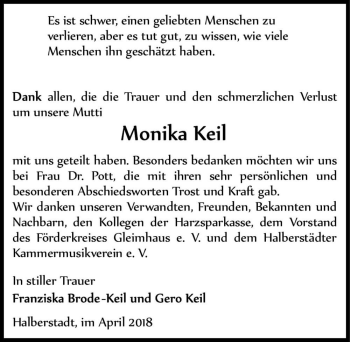 Traueranzeige von Monika Keil  von Magdeburger Volksstimme