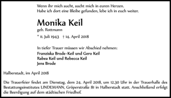 Traueranzeige von Monika Keil (geb. Rottmann)  von Magdeburger Volksstimme