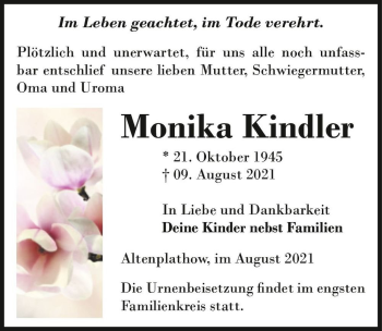 Traueranzeige von Monika Kindler  von Magdeburger Volksstimme
